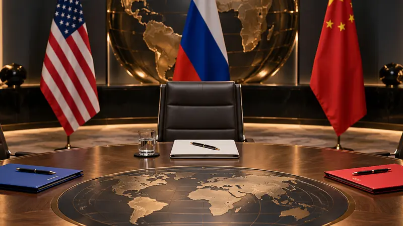Tre posti vuoti a un tavolo diplomatico per Stati Uniti, Russia e Cina, illustrazione editoriale IA non documentaria.