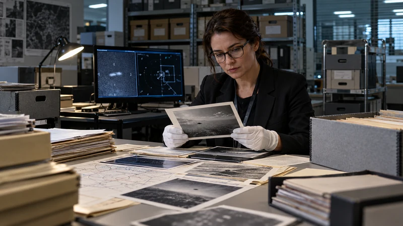 Archivista esamina fotografie e documenti UAP in una sala istituzionale, illustrazione editoriale IA.