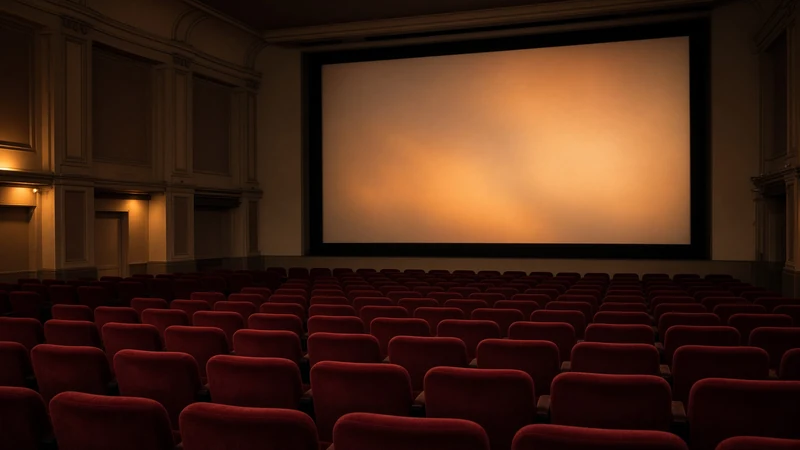 Illustrazione editoriale di una sala cinematografica con schermo luminoso, senza fotogrammi o titoli.