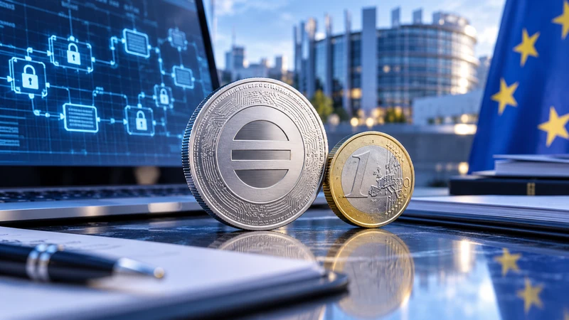 Token digitale stabile accanto a euro e registro sicuro con luci europee, illustrazione editoriale generata con IA