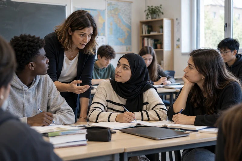 Illustrazione editoriale IA di una classe italiana inclusiva; scena non documentaria.