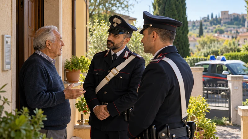 Illustrazione editoriale IA di un anziano che parla con veri Carabinieri alla porta di casa a Valmontone, senza persone fermate; scena non documentaria.