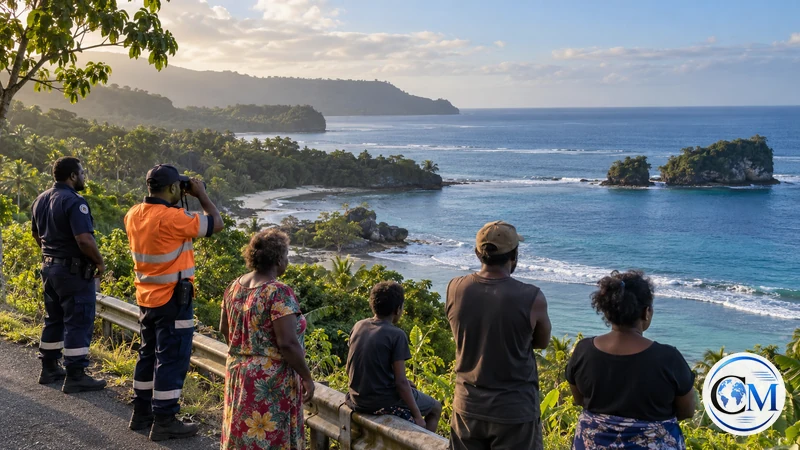 Illustrazione editoriale IA ultrarealistica di residenti e soccorritori che osservano la costa di Vanuatu; scena non documentaria.