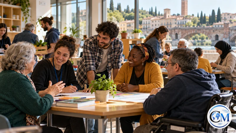 Illustrazione editoriale IA ultrarealistica di volontari e cittadini in un centro comunitario veneto; scena non documentaria.