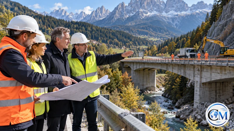 Illustrazione editoriale IA ultrarealistica di tecnici che ispezionano un ponte stradale nelle Dolomiti; scena non documentaria.