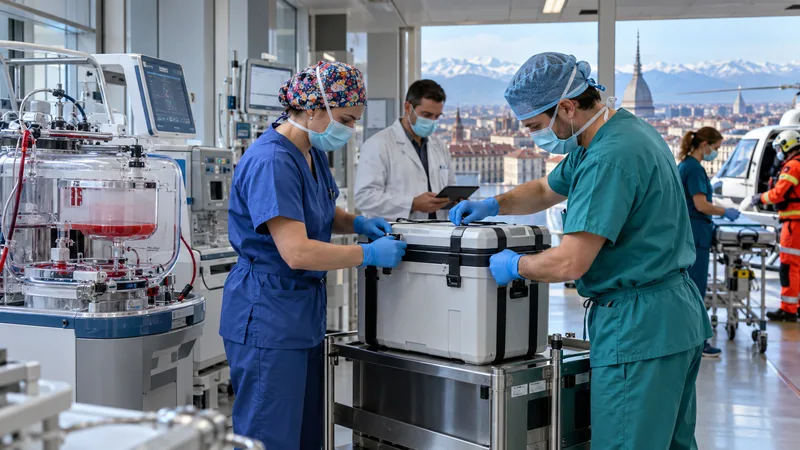 Equipe sanitaria prepara un contenitore per il trasporto di organi in un ospedale del Nord Italia