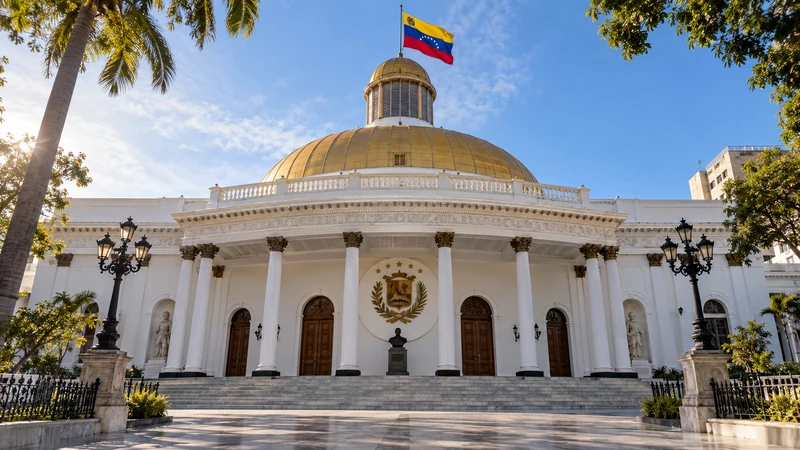 Illustrazione editoriale IA del Palacio Federal Legislativo a Caracas; non ricostruisce una riunione negoziale.