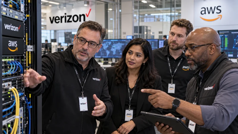 Illustrazione editoriale IA di tecnici Verizon e AWS che controllano un nodo di calcolo distribuito; scena non documentaria.