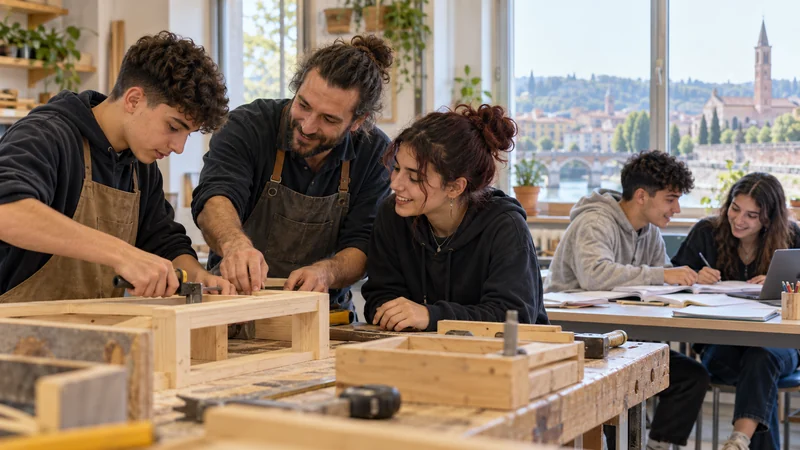 Educatore e giovani lavorano insieme in un laboratorio formativo a Verona