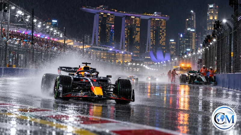 Ricostruzione editoriale IA ultrarealistica di Max Verstappen nella Sprint bagnata di Singapore; non è una fotografia dell'evento.