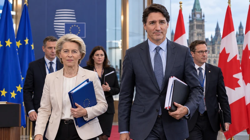 Illustrazione editoriale IA di funzionari con bandiere del Canada e dell'Unione europea in preparazione di un vertice.