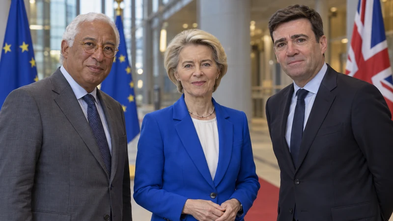 Somiglianze sintetiche editoriali IA di Costa, von der Leyen e Burnham in ambiente istituzionale; non è una fotografia del vertice futuro.