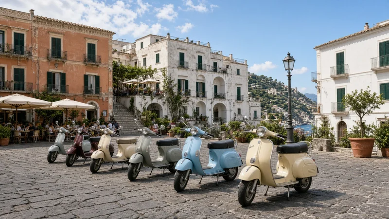 Scooter classici in piazza a Capri; illustrazione editoriale IA non documentaria.