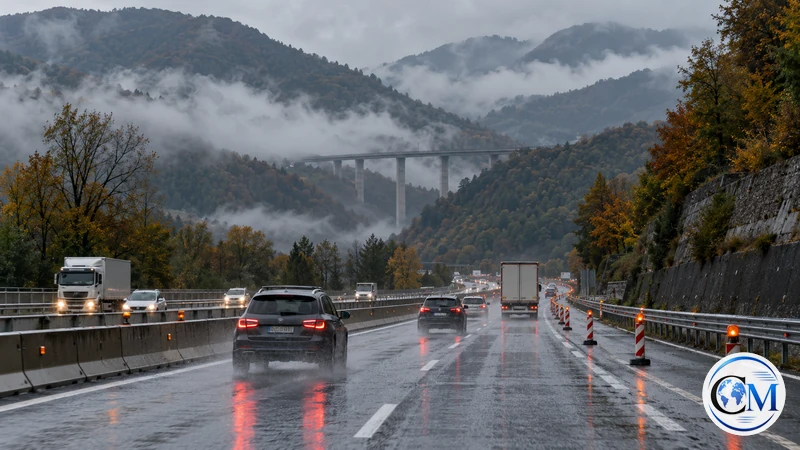 Illustrazione editoriale IA ultrarealistica dell'autostrada A1 tra nebbia, pioggia e lavori; scena non documentaria.