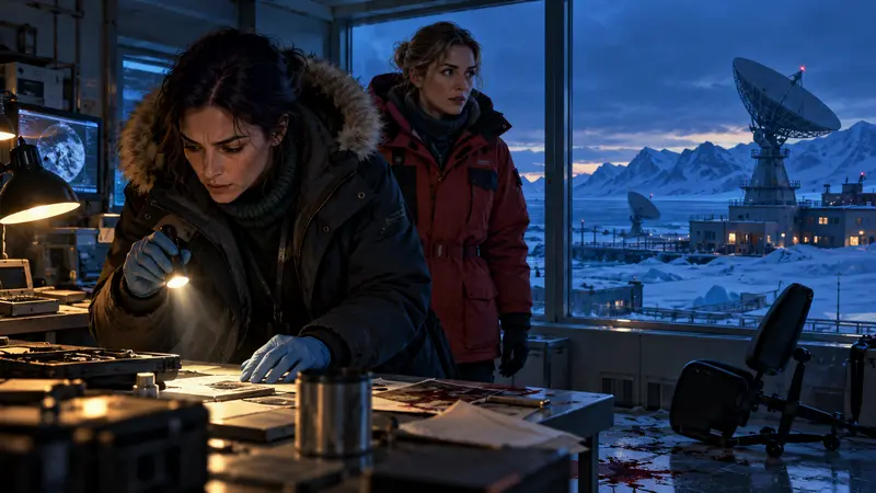 Due investigatrici in una base di ricerca artica, illustrazione editoriale IA non documentaria.