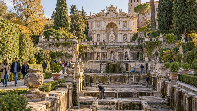 Giardini di Villa d'Este in autunno con fontane temporaneamente asciutte e visitatori; illustrazione editoriale IA, non documentaria.