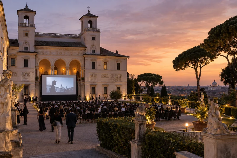 Scena editoriale contestuale generata con IA: proiezione cinematografica nei giardini di Villa Medici a Roma; non è una fotografia documentaria.