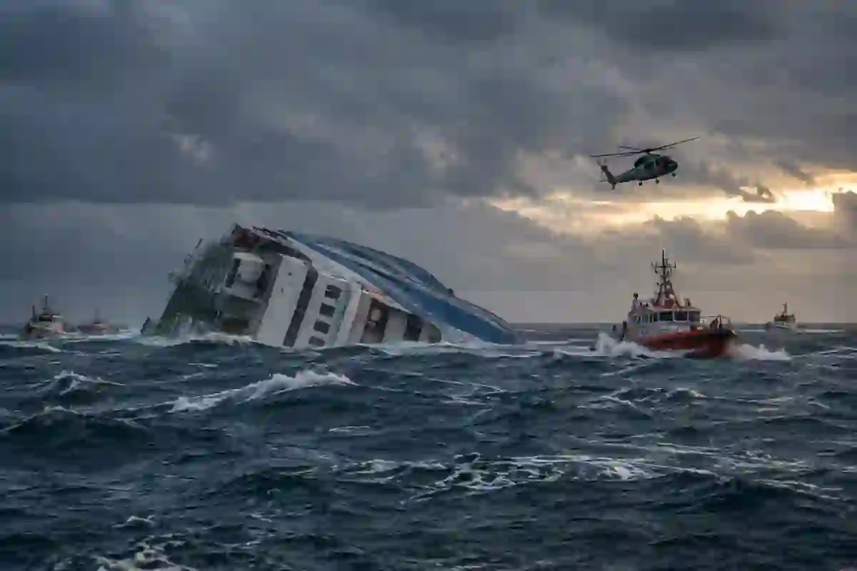 Illustrazione editoriale di un traghetto capovolto nel Mar di Giava con mezzi di soccorso, senza vittime visibili