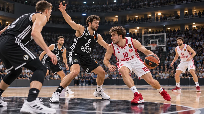 Partita di Eurolega tra una squadra italiana bianconera e una in rosso in un’arena, illustrazione editoriale IA