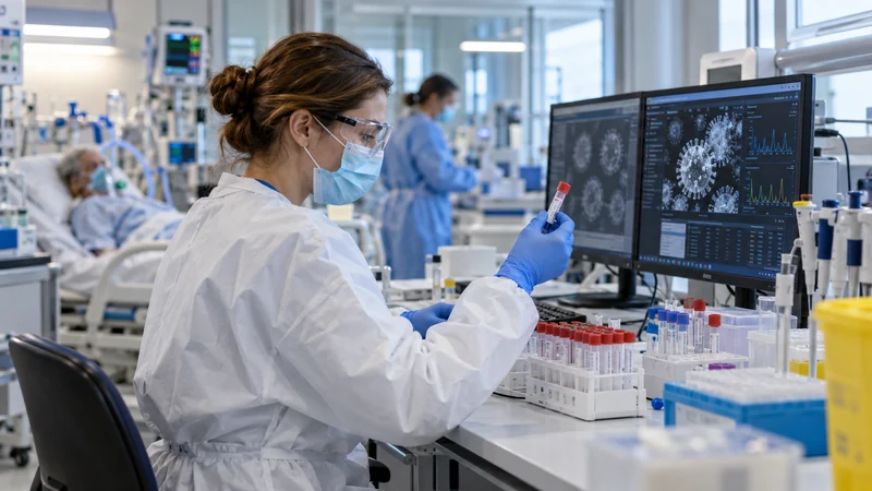 Tecnica di laboratorio analizza campioni virali, scena illustrativa IA