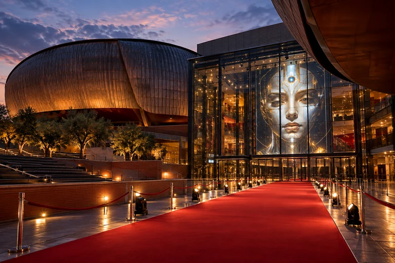 Auditorium Parco della Musica con tappeto rosso e un volto androide luminoso nel foyer; illustrazione editoriale IA non documentaria.