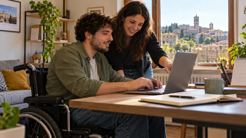 Persona con disabilità motoria prepara una domanda online con un’operatrice