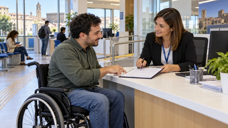 Candidato in sedia a rotelle incontra una consulente in un ufficio accessibile