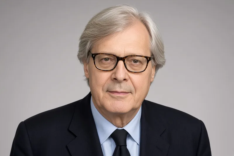 Ritratto editoriale neutrale isolato di Vittorio Sgarbi; illustrazione IA non documentaria su sfondo grigio.