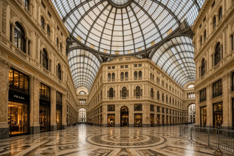 Illustrazione editoriale generata con IA: la Galleria Vittorio Emanuele II a Milano con transenne all’ingresso; non è una fotografia documentaria.