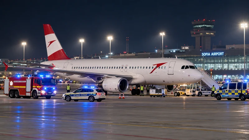 Illustrazione editoriale IA di un Airbus A320 fermo in sicurezza all’aeroporto di Sofia con mezzi di emergenza.