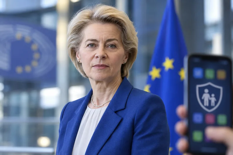 Scena editoriale contestuale generata con IA con Ursula von der Leyen in un ambiente istituzionale europeo e uno smartphone con simbolo astratto di protezione dei minori; non documentaria.