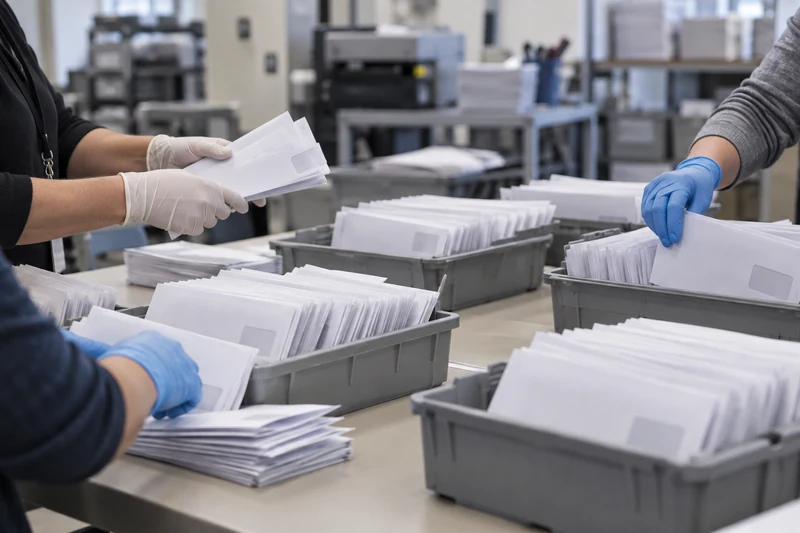 Immagine editoriale IA di operatori che ordinano buste elettorali sigillate in vaschette postali