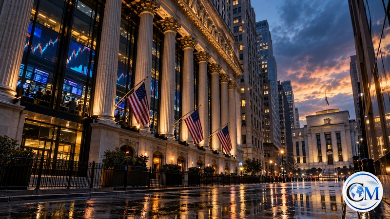 Illustrazione editoriale IA della Borsa di New York al tramonto con grafici astratti; scena non documentaria.