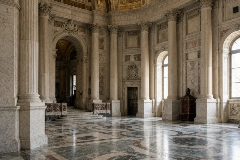 Sala istituzionale romana con colonne e luce soft; illustrazione editoriale IA non documentaria.