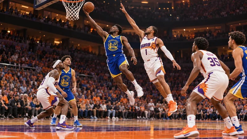 Due squadre di basket in blu e arancione si scaldano in un’arena di Phoenix, illustrazione editoriale IA