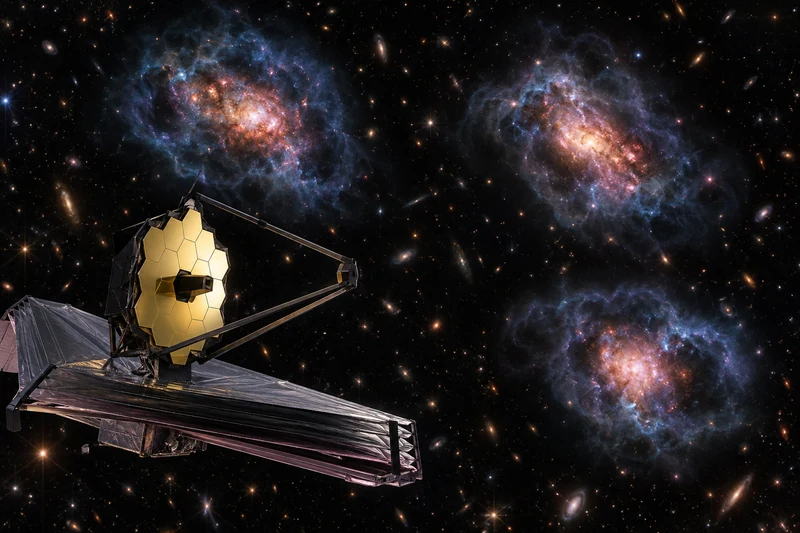 Telescopio James Webb davanti a tre galassie primordiali circondate da gas arricchito; illustrazione scientifica IA.