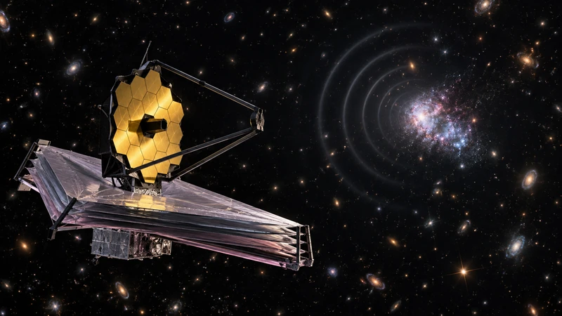 Illustrazione editoriale IA del telescopio James Webb rivolto verso la galassia nana del lampo radio FRB 20240304B; scena non documentaria.