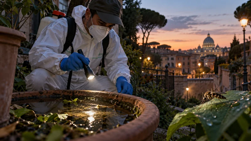 Operatore sanitario controlla possibili focolai di zanzare, scena illustrativa IA