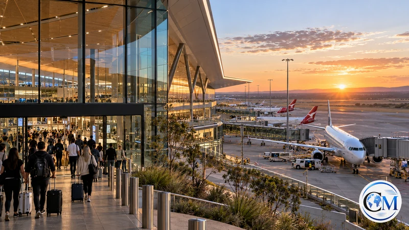 Illustrazione editoriale IA ultrarealistica del nuovo terminal del Western Sydney International Airport; scena non documentaria.