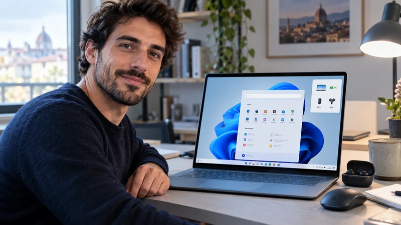 Illustrazione editoriale IA di un tester davanti a un portatile con Windows 11 e indicatori di batteria; scena non documentaria.