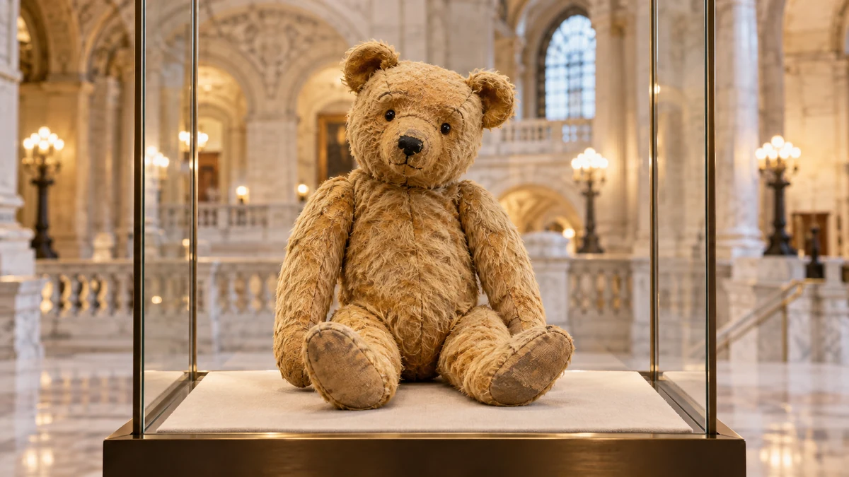 Illustrazione editoriale IA del peluche storico di Winnie-the-Pooh in una vetrina; non è una fotografia documentaria della collezione.