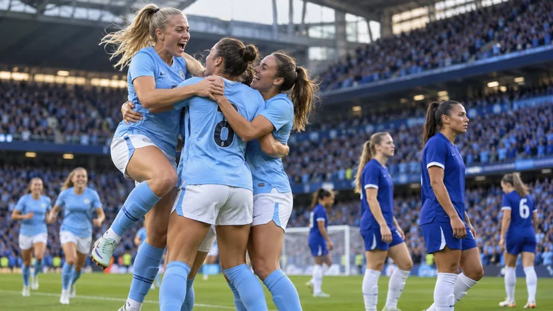 Illustrazione editoriale IA di calciatrici in maglia azzurra che festeggiano in uno stadio inglese.