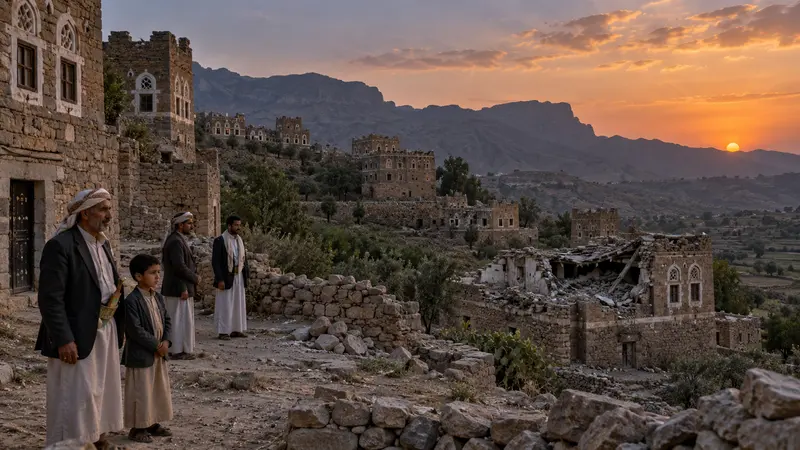 Illustrazione editoriale IA rispettosa di un villaggio yemenita dopo un attacco, con edifici danneggiati e soccorritori lontani, senza corpi o ferite visibili.