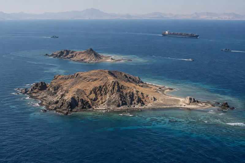Scena editoriale ordinaria ultrarealistica delle isole Hanish nel Mar Rosso con una nave commerciale in lontananza.