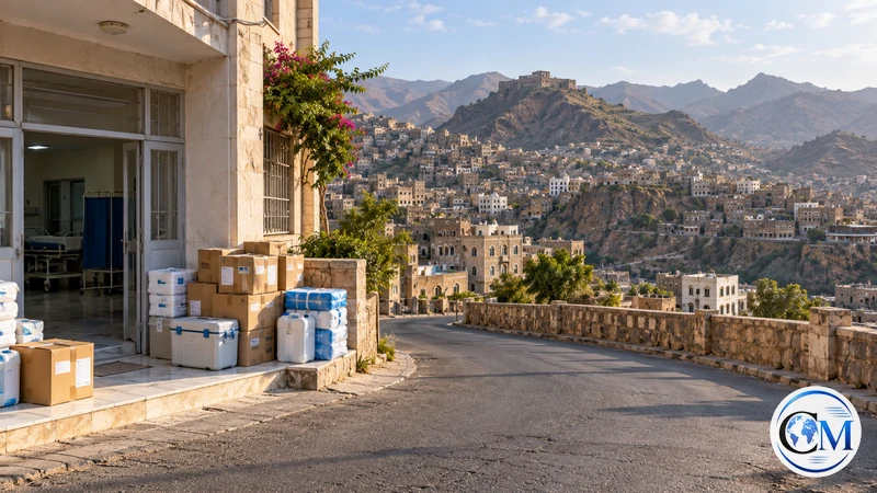 Illustrazione editoriale IA ultrarealistica di aiuti civili in un villaggio yemenita; scena simbolica, non fotografia degli scontri.