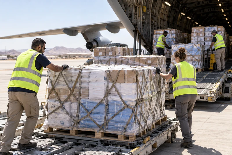 Carico di aiuti umanitari europei su una pista logistica, illustrazione editoriale IA.
