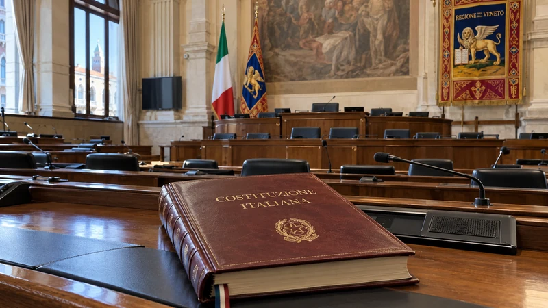 Illustrazione editoriale IA dell’aula del Consiglio regionale del Veneto con la Costituzione italiana in primo piano; scena simbolica non documentaria.