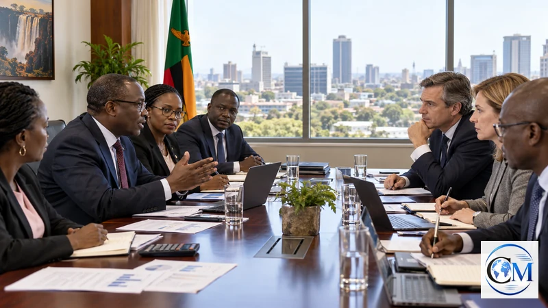 Illustrazione editoriale IA ultrarealistica di funzionari zambiani e internazionali riuniti a Lusaka; scena non documentaria.