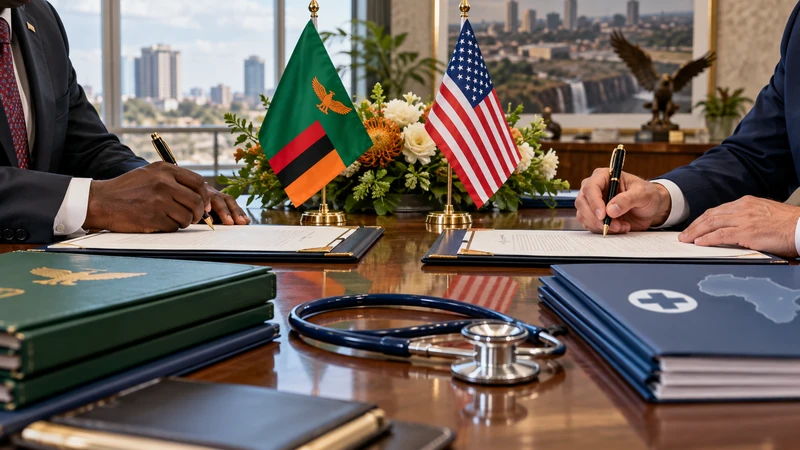 Illustrazione editoriale IA ultrarealistica della firma di un accordo sanitario fra Zambia e Stati Uniti; scena non documentaria.