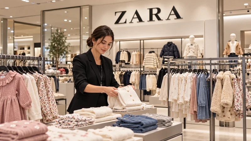 Illustrazione editoriale IA del reparto bambini di Zara, con insegna del marchio e un’addetta che sistema i capi; scena contestuale non documentaria.